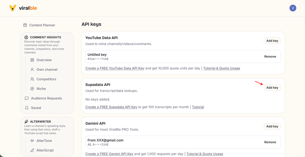 Find the Supadata API Card and click Add key