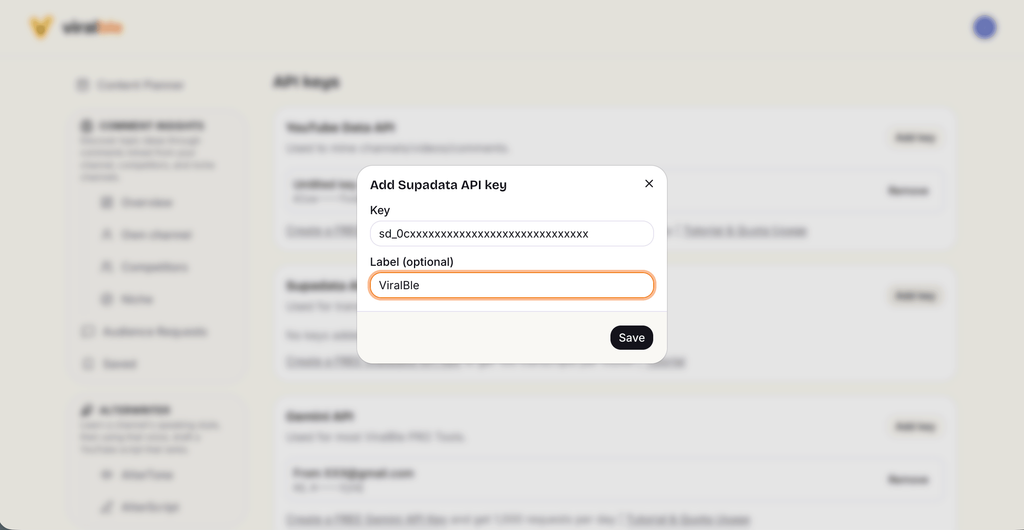 Add your Supadata API Key to ViralBle and start using its YouTUbe Growth Tools