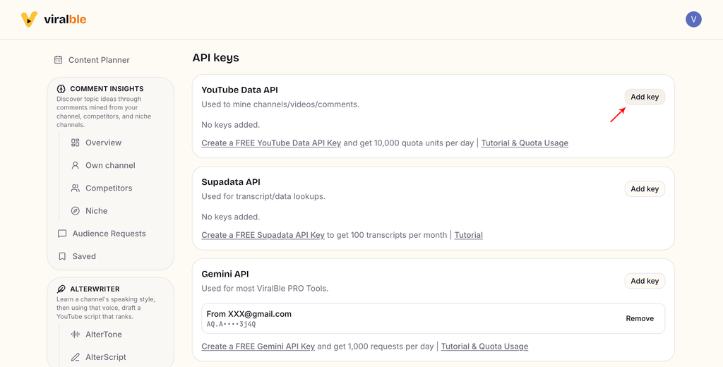 Step 19: Find the "YouTube Data API" card and click on the "Add Key" button.