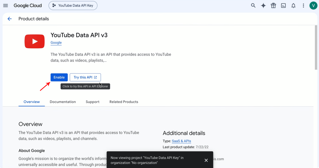 Enable the YouTube Data API v3