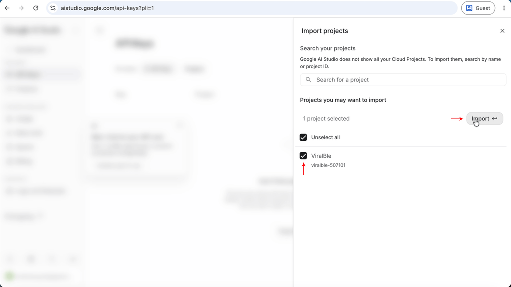 Step 11: Select your Google Cloud Console Project and Import it to Google AI Studio