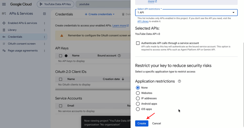 Step 15: Click Create YouTube API key