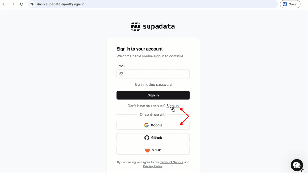 Step 3 - Sign up to a Supadata account with your Google Account