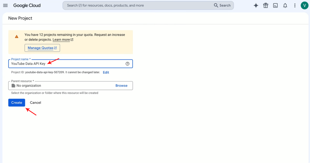 Step 6: Give the Project a name and click Create