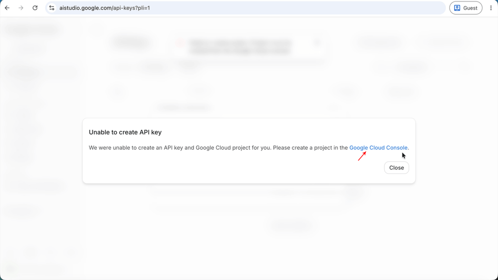 Step 7: Click on the "Google Cloud Console" link if you can't create a project directly in Google AI Studio