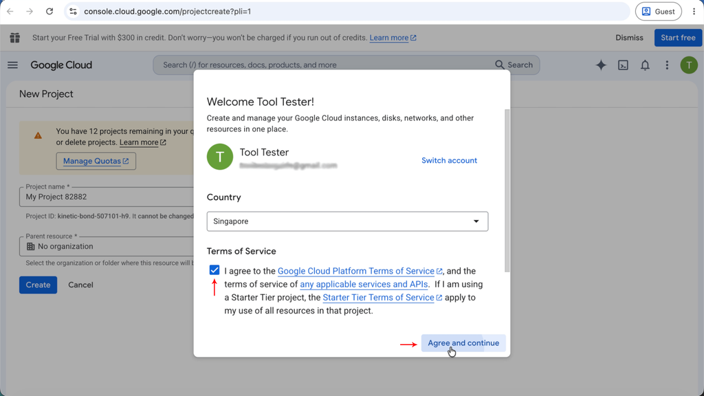 Step 8: Agree to the Google Cloud Console Platform's Terms of Service
