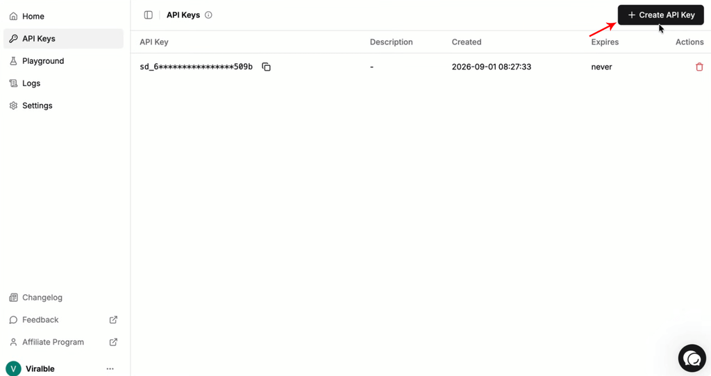 Step 8 - Click on the Create API Key button on the top right corner