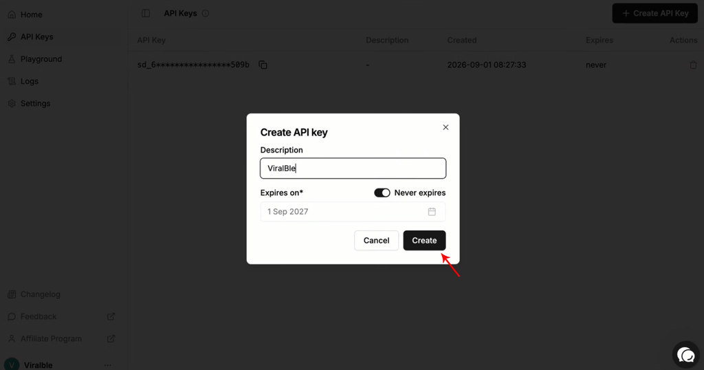 Step 9 - Give the Supadata API Key a Name, set the expiry and click create